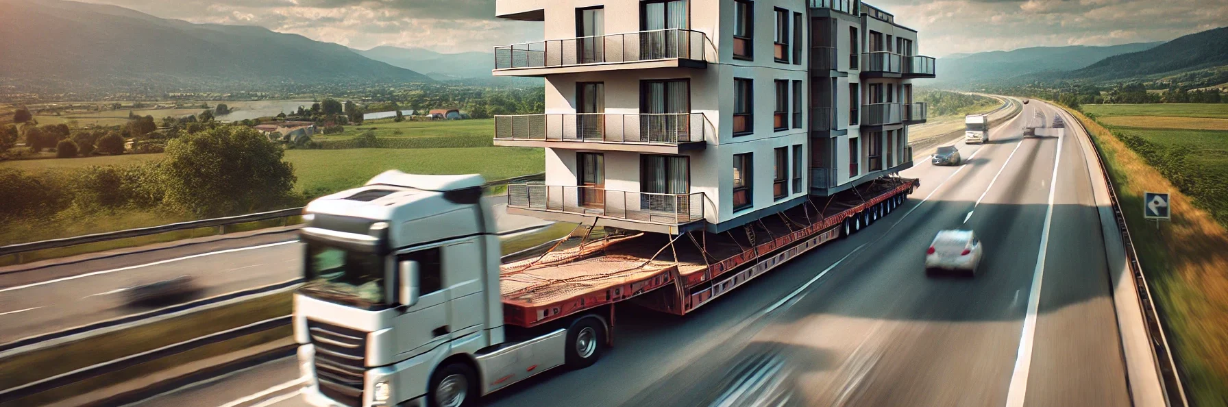Image of an apartment complex being transported on a flatbed truck down a highway at high speed