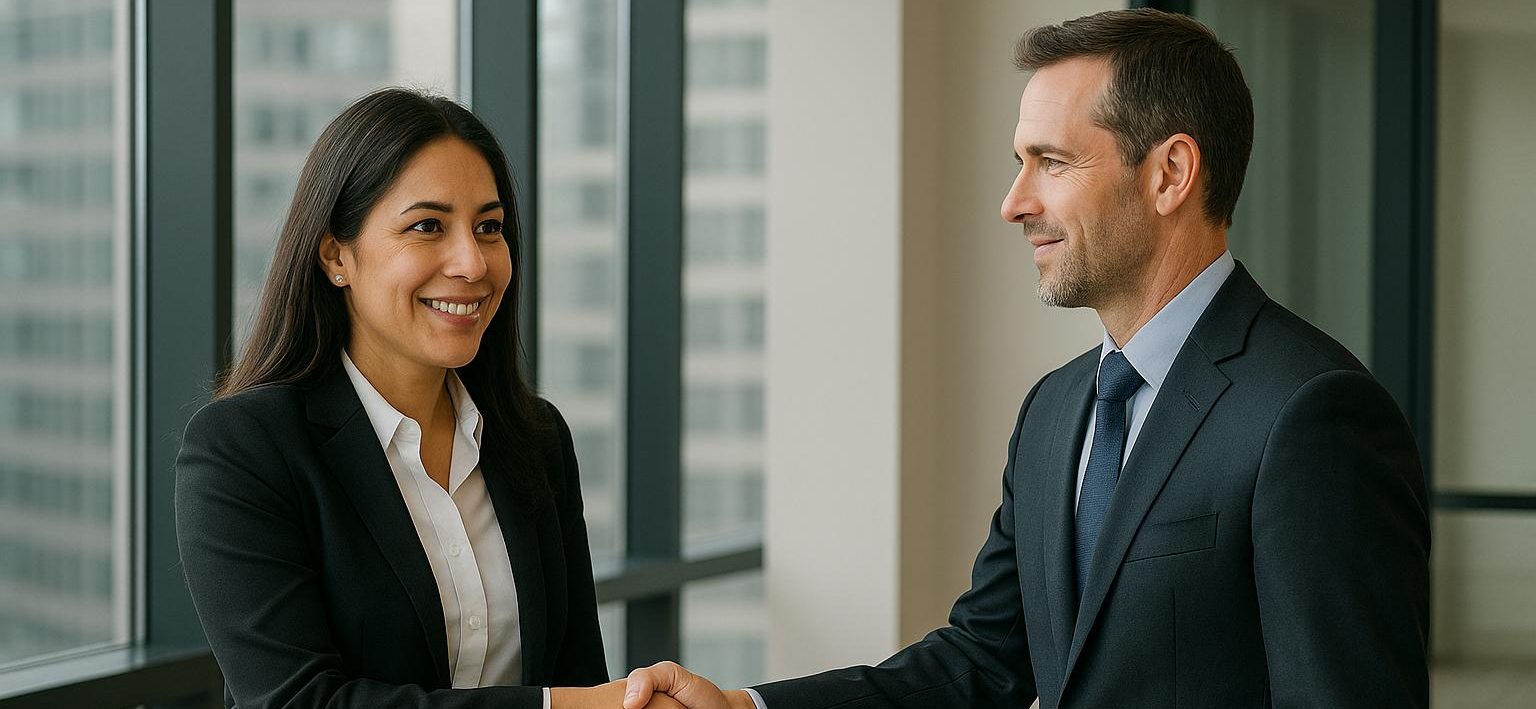 Private equity real estate sponsor shaking hands with an investor in a modern office.