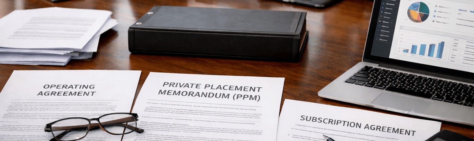 A photorealistic office scene showing private equity real estate fundraising documents, including an operating agreement, PPM, and subscription agreement, laid out on a conference table with laptops, financial charts, and professionals reviewing materials in the background.
