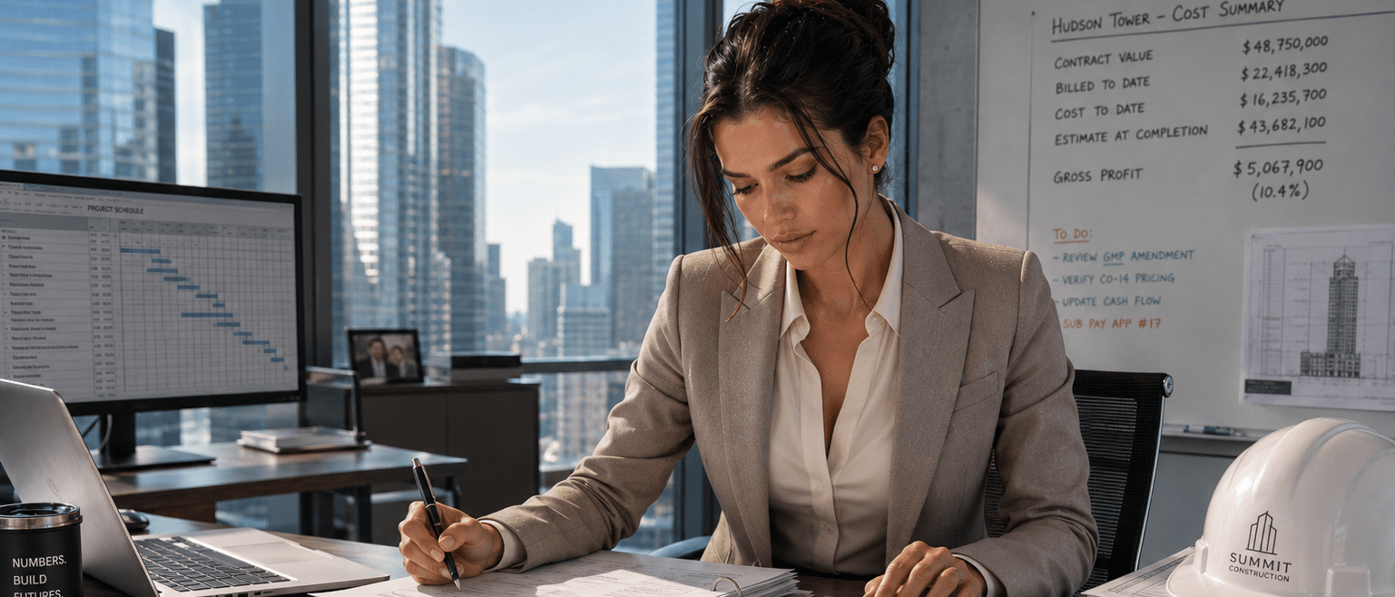 Professional construction accountant reviewing project cost reports and budget schedules in a modern skyscraper office overlooking Manhattan.