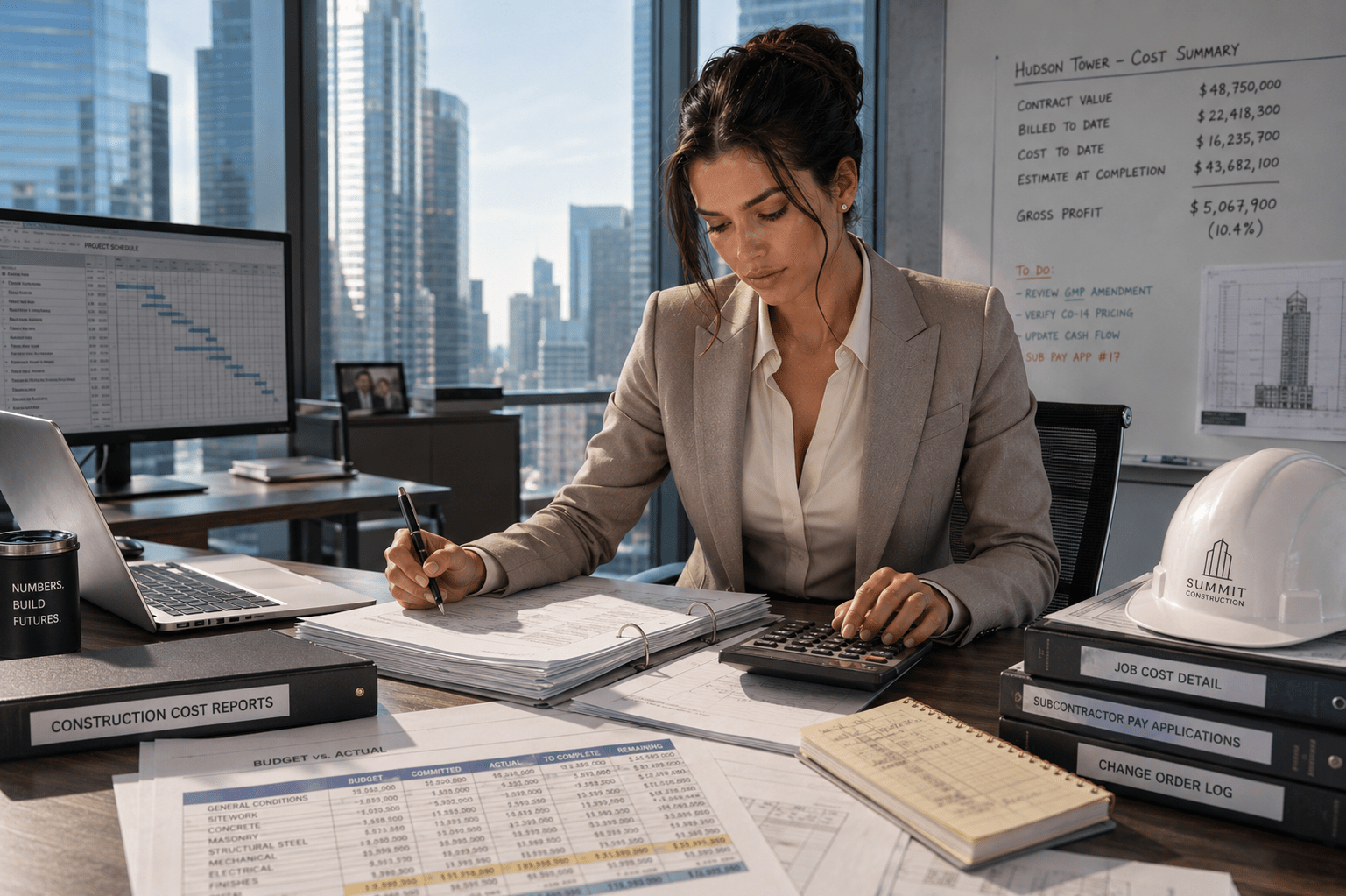 Professional construction accountant reviewing project cost reports and budget schedules in a modern skyscraper office overlooking Manhattan.