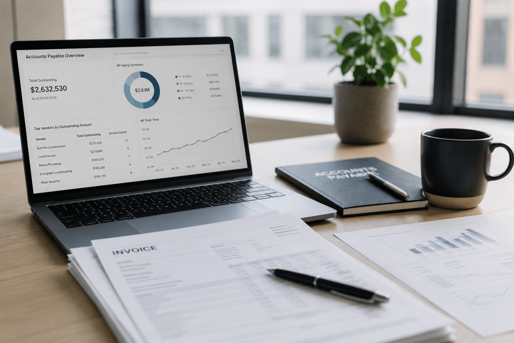 Financial workspace with invoices, reporting dashboard, and laptop representing accounts payable best practices for private equity real estate firms.
