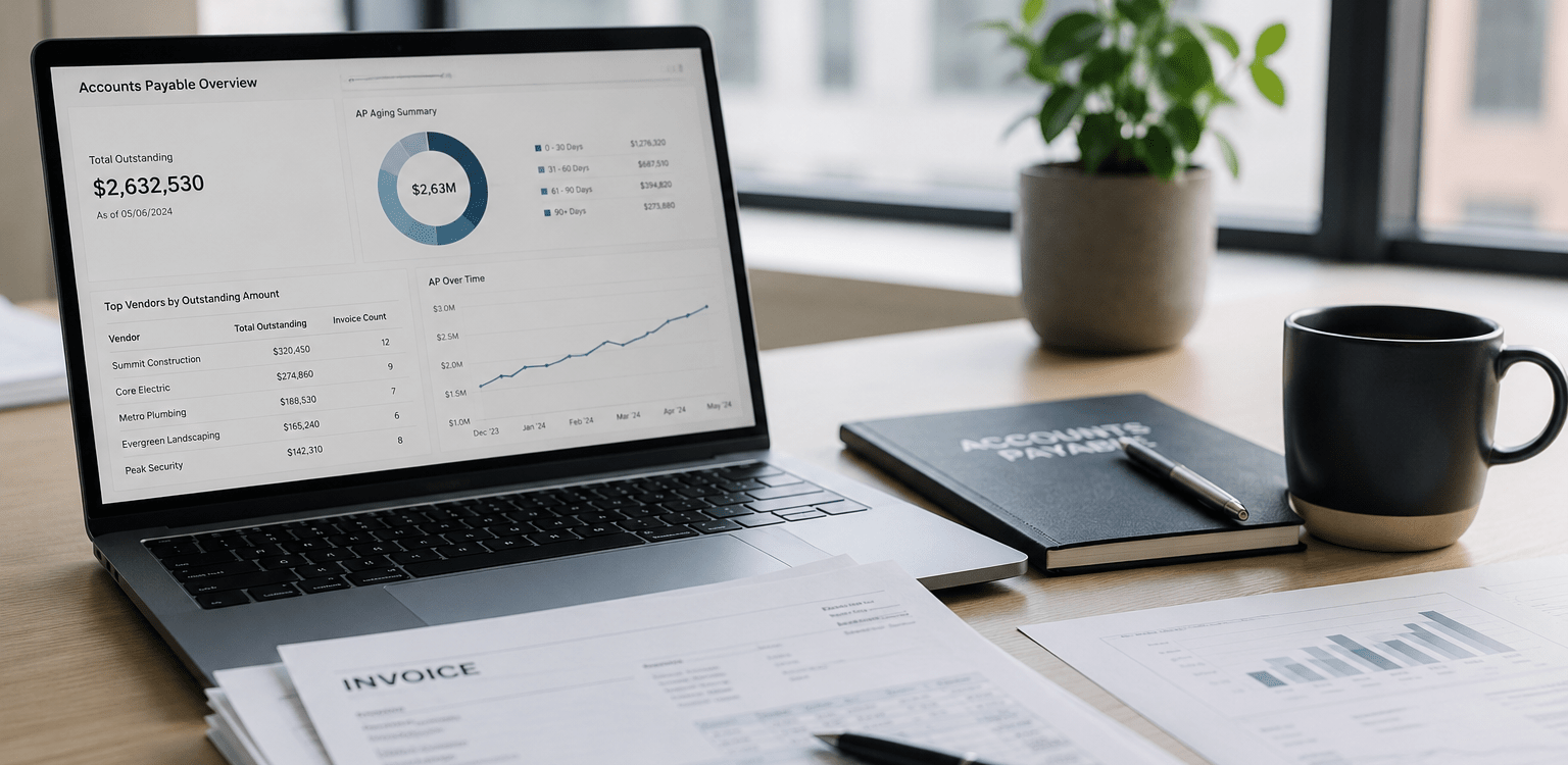 Financial workspace with invoices, reporting dashboard, and laptop representing accounts payable best practices for private equity real estate firms.