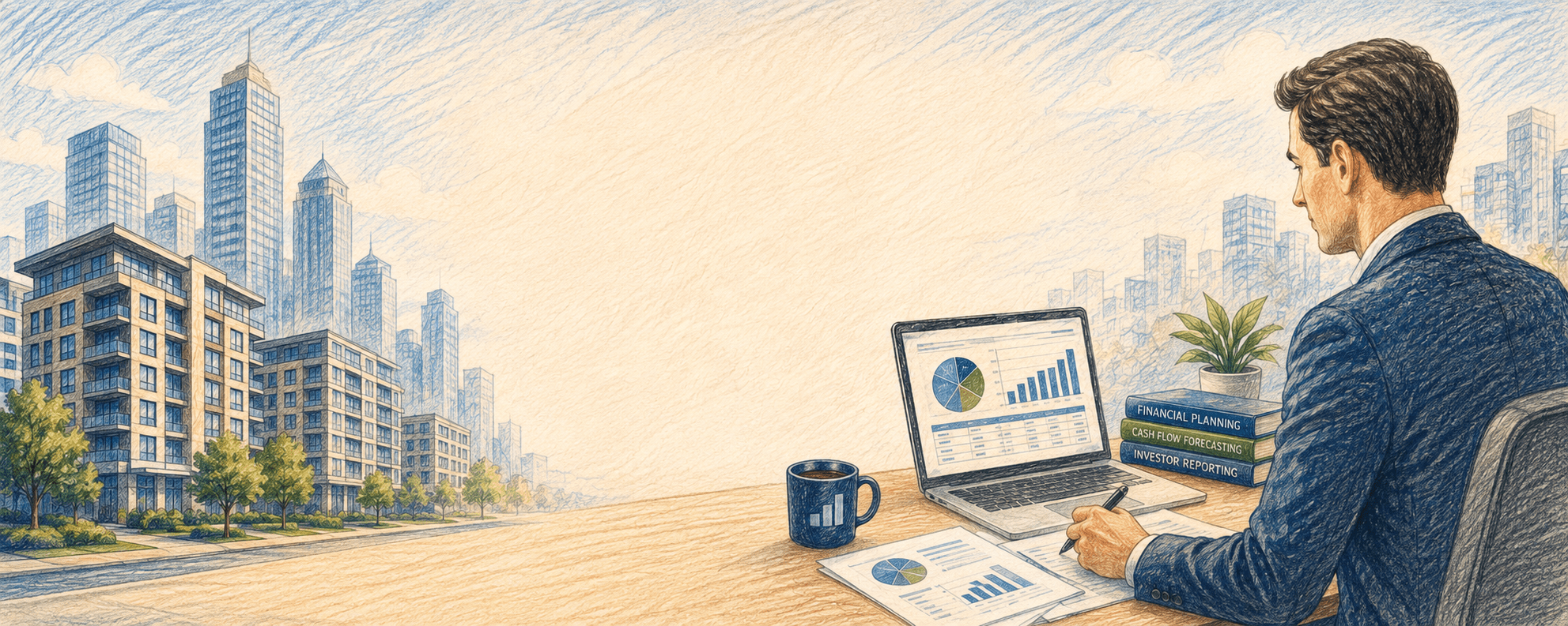 Colored-pencil illustration of a fractional CFO for private equity real estate sponsors connecting financial reporting, budgeting, investor reporting, capital planning, and strategic decision-making across property, fund, and sponsor levels.