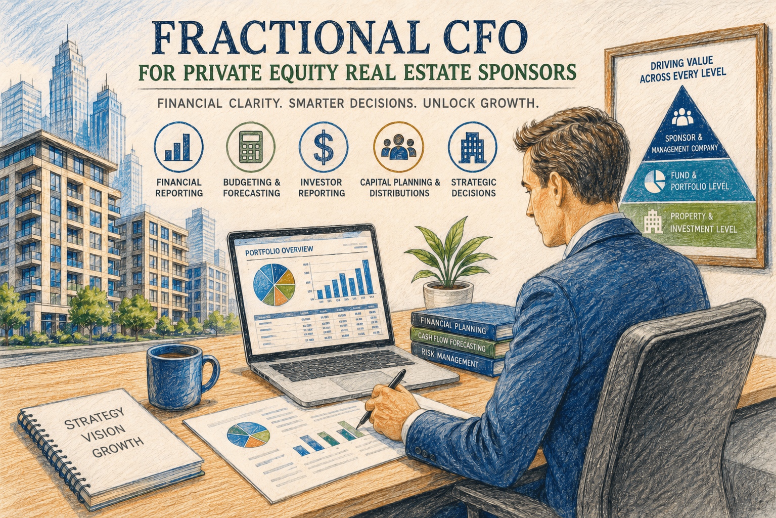 Colored-pencil illustration of a fractional CFO for private equity real estate sponsors connecting financial reporting, budgeting, investor reporting, capital planning, and strategic decision-making across property, fund, and sponsor levels.